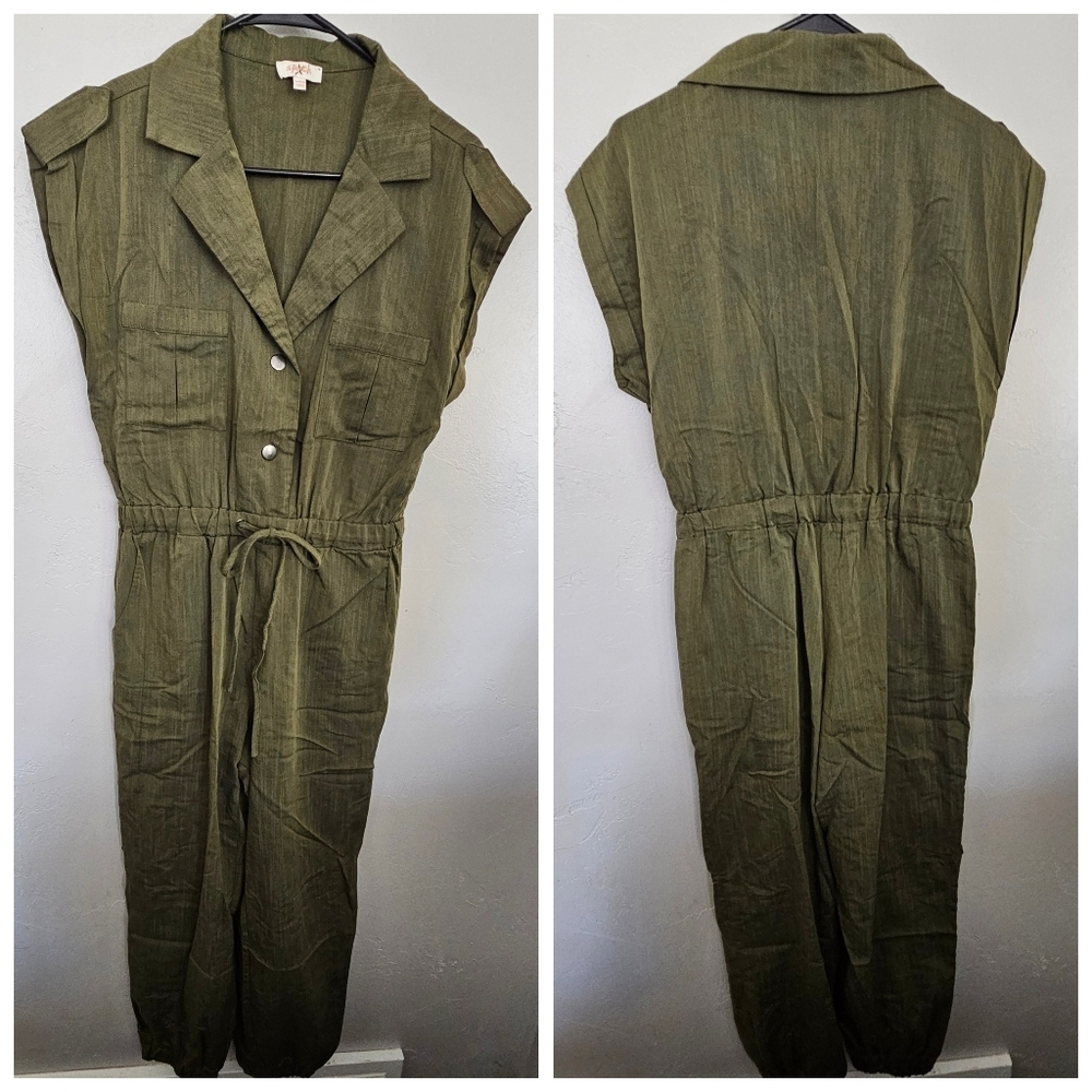 A.Peach Women's Medium Olive Green Short Cap Sleeve Jumpsuit Military Boho Fall